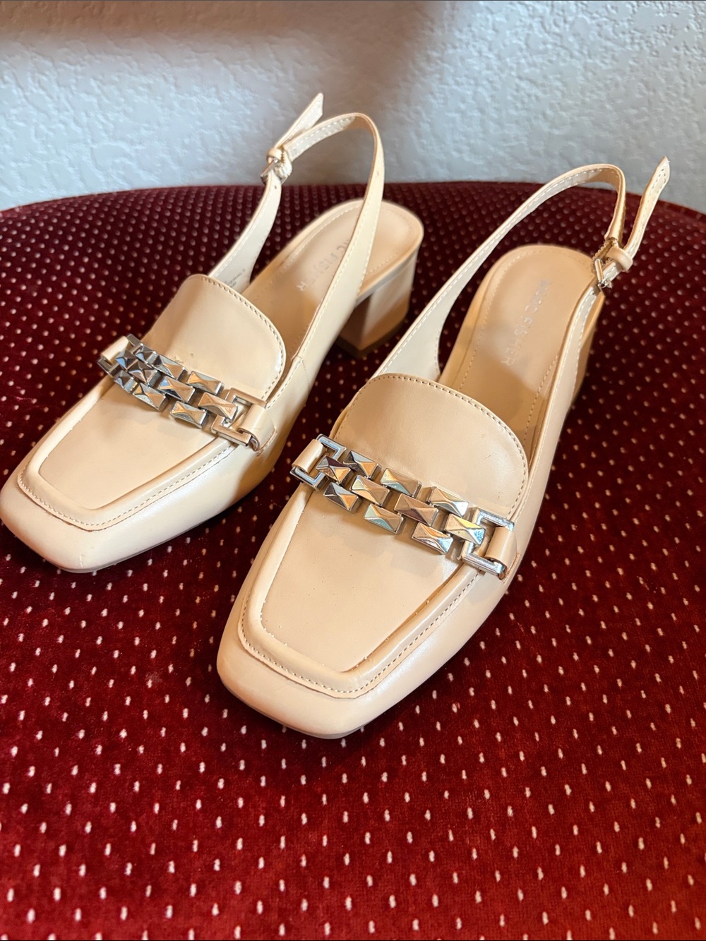 Marc Fisher Cream Slingback Loafers with Silver Chain